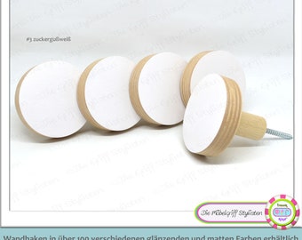 Set of 5 Wardrobe hooks JUMBO KNOBS XL big matte white 8 cm wall hangers hanging storage wood wooden solid coat corridor circle round hook