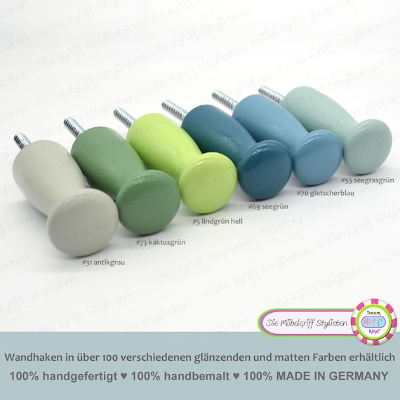 6er Set Gardrobenhaken bunt Kleiderhaken zur direkten Wandbefestigung Wandhaken grau grün blau mint Aufhänger Hänger Buche Holz massiv