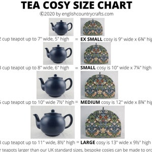 May include: A size chart for tea cosies and teapots. The chart shows the dimensions of teapots and corresponding cosy sizes. The teapots are dark blue. The cosies have a floral pattern. The text reads "TEA COSY SIZE CHART".