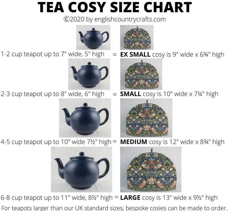May include: A size chart for tea cosies and teapots. The chart shows the dimensions of teapots and corresponding cosy sizes. The teapots are dark blue. The cosies have a floral pattern. The text reads "TEA COSY SIZE CHART".