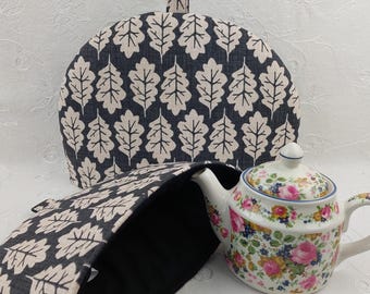 Oak Leaf Tea Cosy: Ebony Cotton Fabric, Insulated Teapot Cover