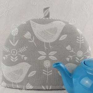 Small Tea Cosy: Grey Scandi Birds Print - Fits 2-Cup Teapots