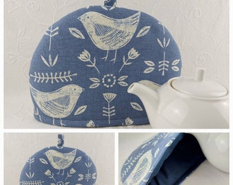 SMALL Tea Cosy. A Cute Cozy Gift. Fits 2-cup Tea-For-One Cafe Size Teapots. Blue Narvik Scandi Birds By Fryetts. Father's Day Gift