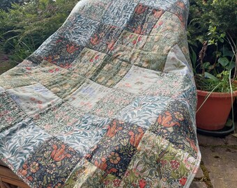 William Morris Cotton Quilted Patchwork Blanket Throw Green