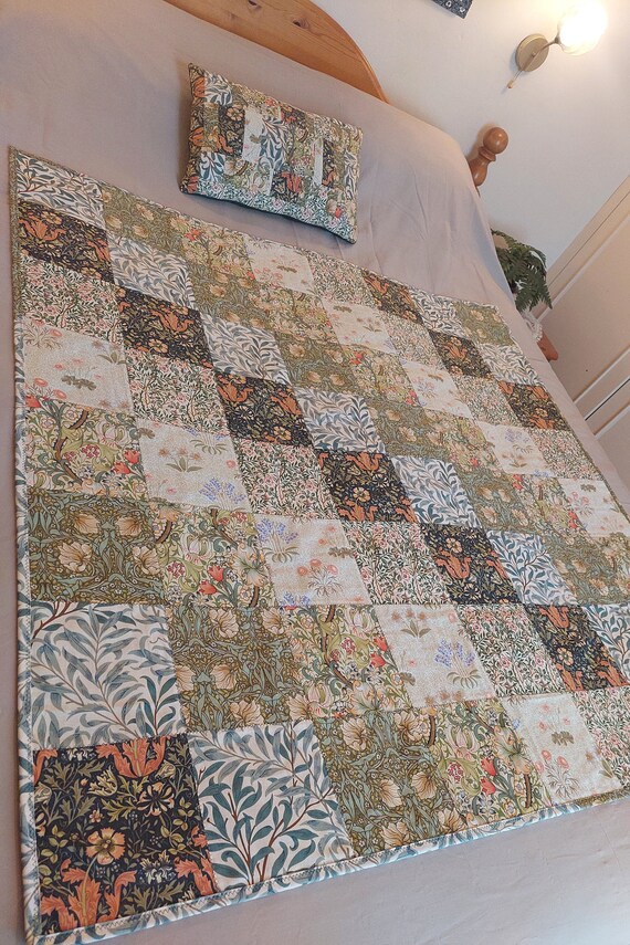 William Morris Cotton Quilted Patchwork Blanket Throw Green Etsy Canada