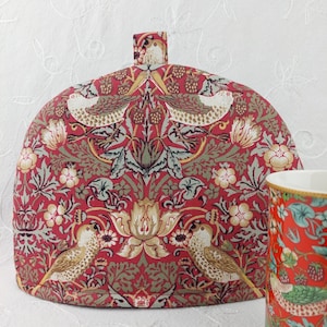 William Morris Tea Cosy: Red Strawberry Thief Fabric, Small Teapot