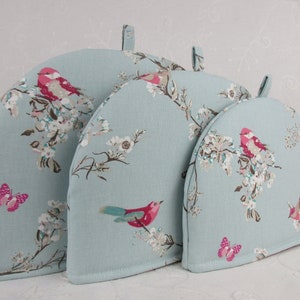 Tea Cosy, Cozy. Duck Egg Blue Beautiful Birds & Butterflies Cotton Fabric.Large/Medium/Small. Ideal Gift, Mothers Day, Birthday, Valentine