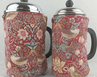 William Morris Strawberry Thief Cafetiere Cozy: Red French Press Cosy