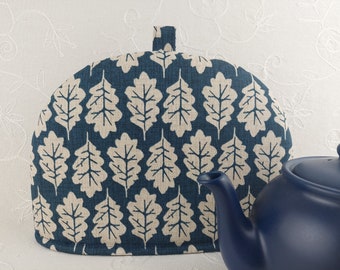 Tea Cosy, Great Oak Leaf Cotton Fabric from the iLiv Imprint Collection. Midnight Blue Tea Cozy in 3 sizes for Small, Medium, Large Teapots