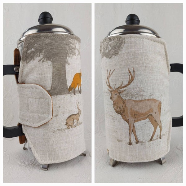 Tatton Wildlife Scene Cafetiere French Press Cosy For Coffee Plunger. Two Sizes, 1L 34oz 8 Cups, 1.5L 51oz 12 Cups. Coffee Pot Fabric Cozy