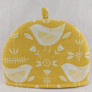 SMALL Tea Cosy. A Cute Cozy Gift. Fits 2-cup Tea-For-One Cafe Size Teapots Ochre Yellow Narvik Scandi Birds By Fryetts. Tea Cozy For Tea Pot
