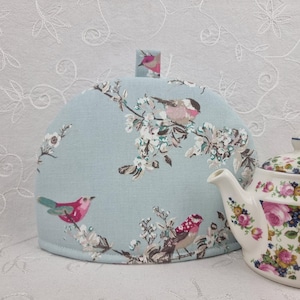 Duck Egg Blue Tea Cosy: Birds and Butterflies Cotton, Thermal Cozy