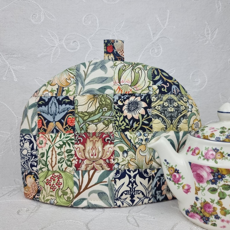 Tea Cosy, 2 Cup Unique Teapot Cover, 8 William Morris designs, handmade quilted patchwork cozy gift. image 1