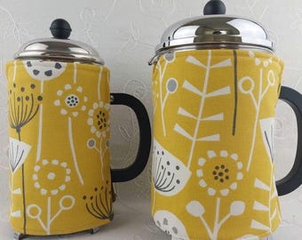 Yellow Floral French Press Cozy: Scandi Bergen Coffee Pot Warmer