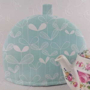 Small Tea Cosy Cozy. MissPrint Saplings Aqua Fabric. Gift for Valentine, Mothers Day, House Warming, Wedding. Made in England