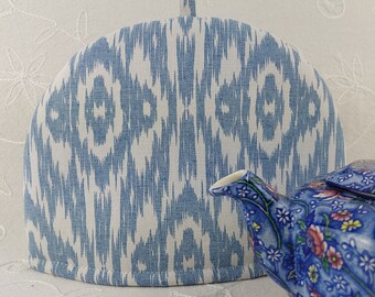 Tea Cosy For Small Two Cup Teapot, Ikat Blue and White Geometric Fabric Tea Pot Cozy