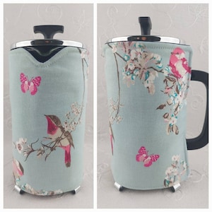 Duckegg Blue Beautiful Birds French Press Cafetiere Cosy. Medium 1L 34oz 8 Cups or Large 1.5L 51oz 12 Cups. Cosies For Coffee Pot Plungers