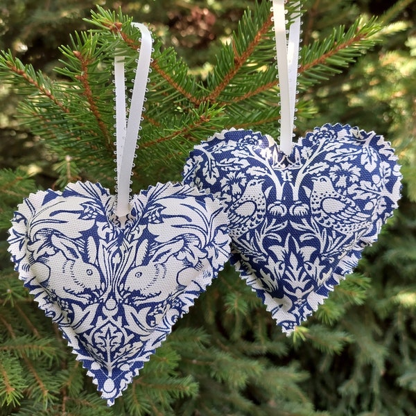 Two William Morris Hanging Hearts. Blue Brother Rabbit Cotton Fabric. Lovely Mother's Day Gift. Valentine's. Brer Rabbit Hanging Hearts