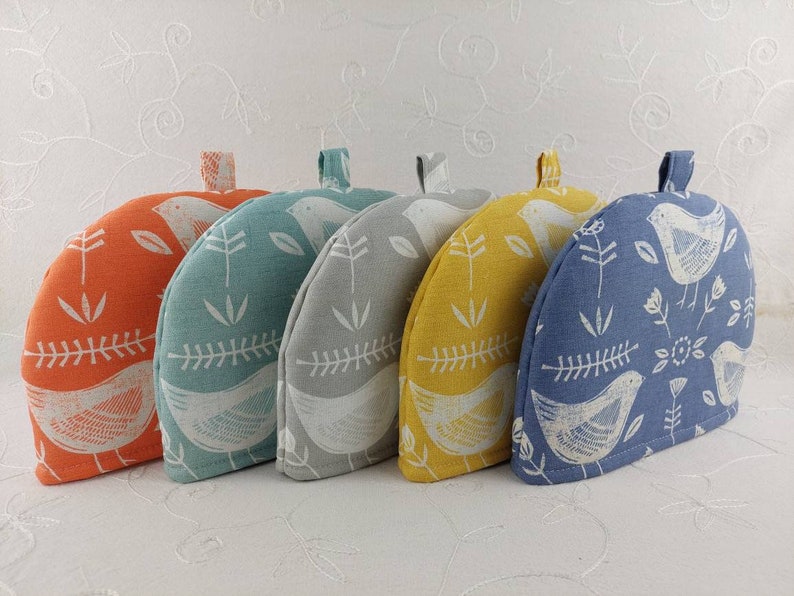 Tea Cosy Narvik Scandi Birds By Fryetts. Orange, Ochre. Seafoam Or Grey Small or Medium Tea Cozy For Teapot image 9