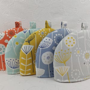 Tea Cosy in Scandi Bergen Floral Cotton Fabric by Fryetts. Small, Medium, Large Sizes. Burnt Orange, Ochre, Blue, Grey, Seafoam.  Home Gift