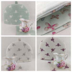 Bees Fabric Tea Cosy Gift Set. Cozy and matching mug coaster, for Small two cup teapots.