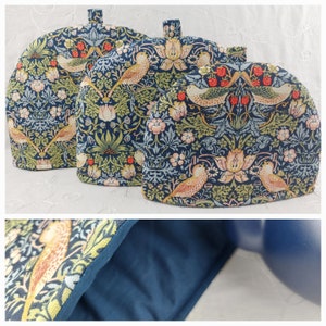 Tea Cosy William Morris Strawberry Thief. Large, Medium, Small Sizes. Blue Cotton Fabric Tea Cozy. New Thermally Bonded Wadding