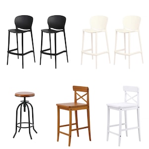 May include: A set of six bar stools in various styles and colors. Two black plastic stools with a curved back, two white plastic stools with a curved back, a brown wooden stool with a cross-back design, and a black metal stool with a round seat and adjustable height.