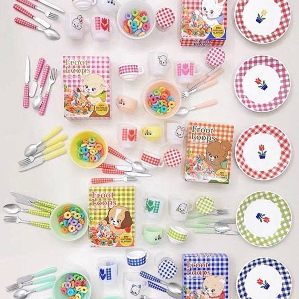 1/6 Dollhouse Miniature 14-piece Checkered Tableware Set + Jam & Cereal / 18 Rainbow / Chocolate Loops #ues