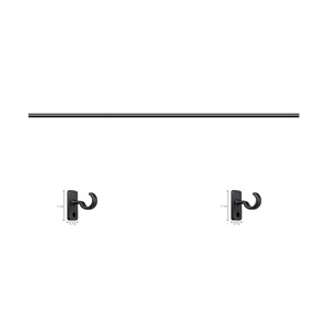 May include: Black metal curtain rod with two black metal hooks. The rod is 48 inches long and the hooks are 2.3 inches wide.