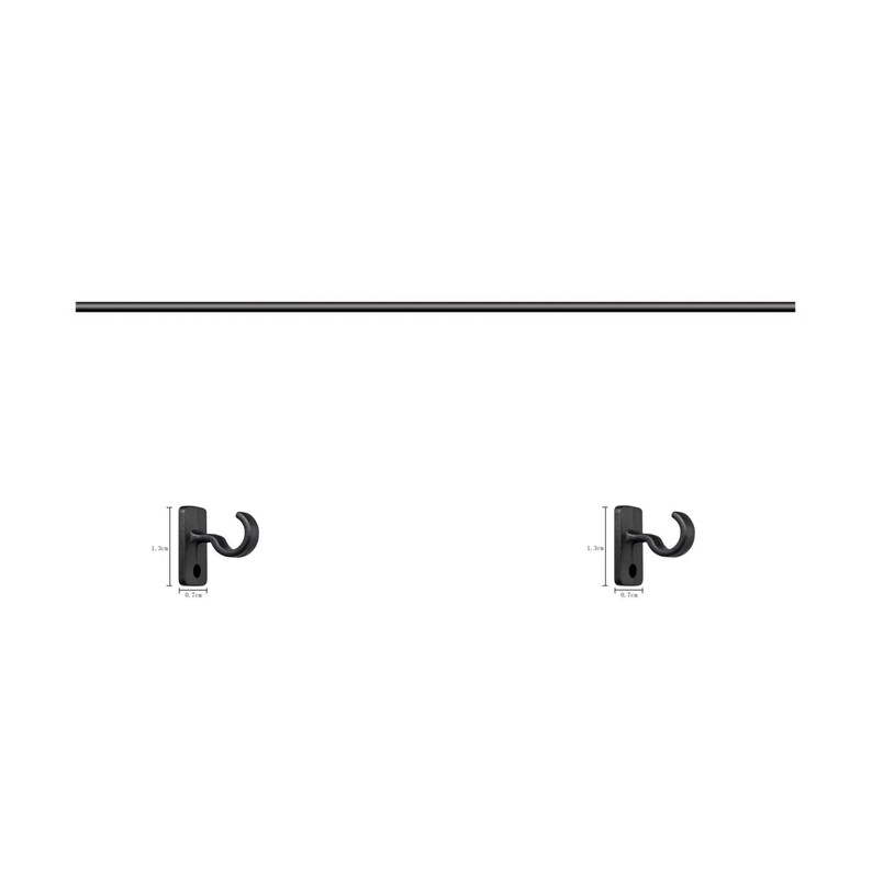 May include: Black metal curtain rod with two black metal hooks. The rod is 48 inches long and the hooks are 2.3 inches wide.