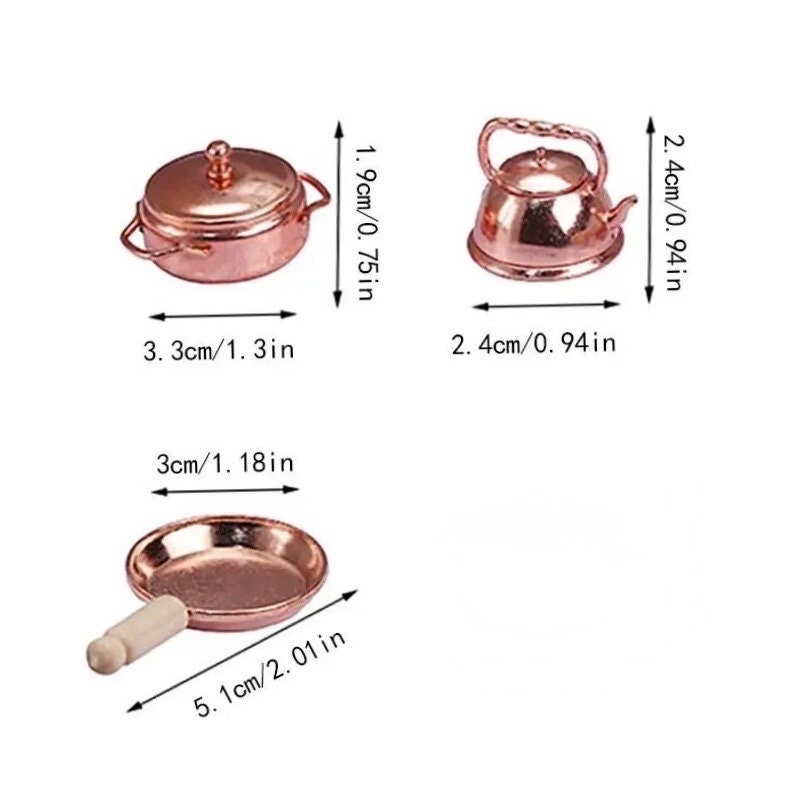 Dollshouse Zubehör – 3 Pfannen & 1 Topf Mit Deckel Aus Kupfer – Maßstab 1:12 – Ideal Für Puppenküchen