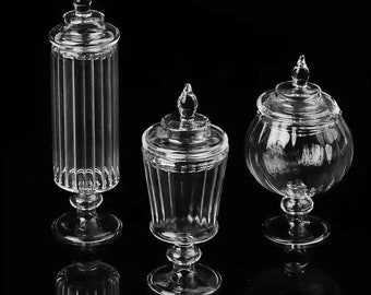 Plain / Striped x 3 styles  - 1/6 Dollhouse Miniature Real Glass Footed Jar *Random Lids // Inbox us for bulk orders