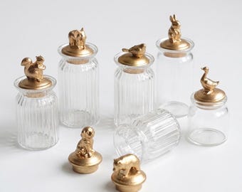 Plain / Striped x 5 heights - 1/12 1/6 Dollhouse Miniature Real Glass Jar (Height 2 / 3 / 3.5 / 4 cm) w/ Random Gold Animal / Knob Lid #pkt