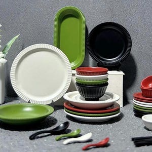 2 sizes x 4 colours - 1/12 1/6 Dollhouse Miniature 6-piece Metal Tableware Set - Bowl / Plate / Spoon: Black / Green / Red / White #sm15