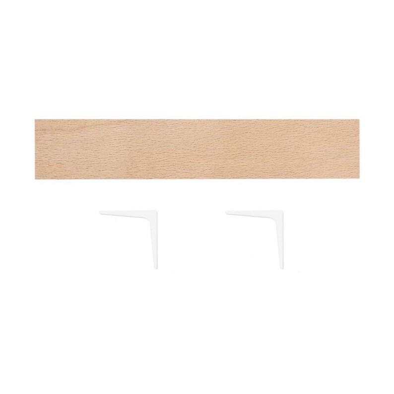 May include: A set of two white metal shelf brackets and a light brown wooden shelf.