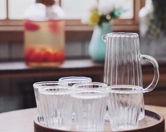 1/6 Dollhouse Miniature Real Hand-blown Glass Jug / Ribbed Drinking Glass (Height 2.2 cm) / Saucer // Inbox us for bulk orders