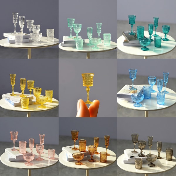 Set of 7 styles (8 colours) - 1/6 Dollhouse Miniature Depression Glass Champagne Flute / Wine Glass / Whiskey Glass Set #mlw18