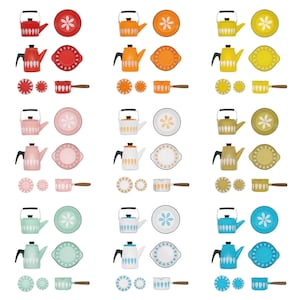 Set van 7 - 1/6 poppenhuisminiatuurreplica Cathrineholm Nordic lotuspatroon geëmailleerde keukengerei: steelpan / waterkoker / borden / kommen