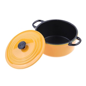 May include: An open, orange enameled cast iron pot with a matching lid. The lid is off to the side, revealing the black interior of the pot. The pot has two black handles and a black knob on the lid.