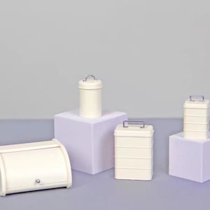4 colours - 1/6 Dollhouse Miniature Tea, Coffee, Flour, Sugar Storage Tin, Bread Box Set w/ Stickers: Black / Ivory / Pink / Yellow #mnw44