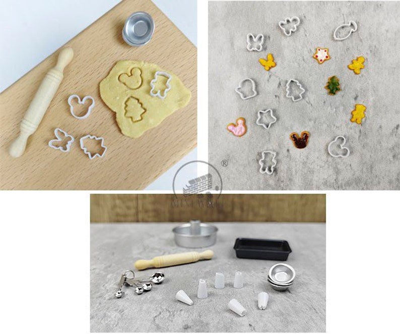 May include: Miniature baking set with a rolling pin, cookie cutters, and a small metal bowl. The set includes various cookie cutters in shapes like a bear, butterfly, and Christmas tree. The dough is ready to be cut into shapes. The set is perfect for dollhouses or craft projects.