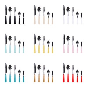 May include: Nine sets of stainless steel cutlery with coloured handles. Each set includes a knife, spoon, fork, teaspoon, and butter knife. The handles are in various colours, including black, white, blue, yellow, pink, and red.