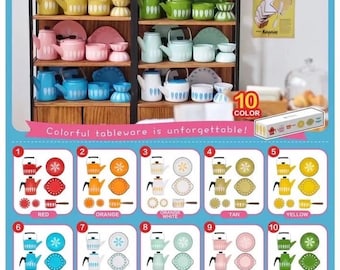 Set of 7 - 1/6 Dollhouse Miniature Replica Cathrineholm Nordic Lotus Pattern Enamel Kitchenware Set: Saucepan / Kettle / Plates / Bowls #ues