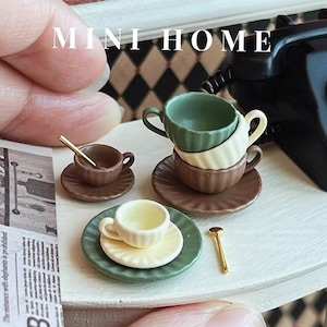 2 sizes x 5 colours - 1/12 1/6 Dollhouse Miniature Ceramic-like Metal Tea Cup, Saucer & Spoon Set // Inbox us for bulk orders #sm7