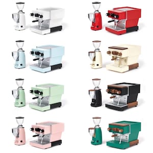 Juego de 2 (8 colores) - Réplica en miniatura para casa de muñecas a escala 1/6 de máquina de café expreso La Marzocco y molinillo: negro, menta, rosa y blanco (n.° ues217)