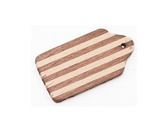May include: A small wooden cutting board with a striped design. The board is brown with white stripes and has a hole in the top.