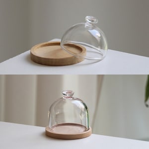 2 sizes - 1/12 1/6 Dollhouse Miniature Wooden Cake Tray (Diameter 3.5 / 4.5 cm) with Dome Real Glass Cloche
