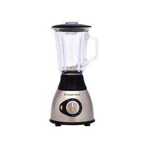 May include: A silver and black blender with a glass jar and a control knob with multiple settings. The blender has the Russell Hobbs logo on the front.