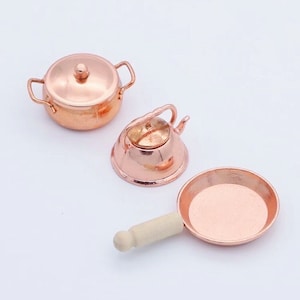 1/12 1/6 Dollhouse Miniature Vintage Antique Copper Cookware & Utensils: Cooking Pot / Frying pan / Teapot // Inbox us for bulk orders #14