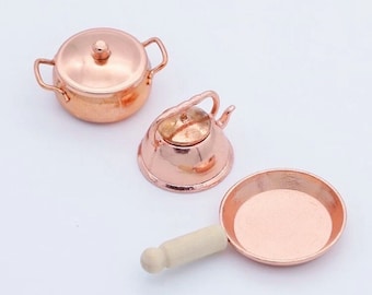 Miniaturas de utensílios de cozinha e panelas de cobre vintage para casa de bonecas, escalas 1/12 e 1/6: panela, frigideira e bule. // Envie-nos uma mensagem para pedidos em grande quantidade. #14